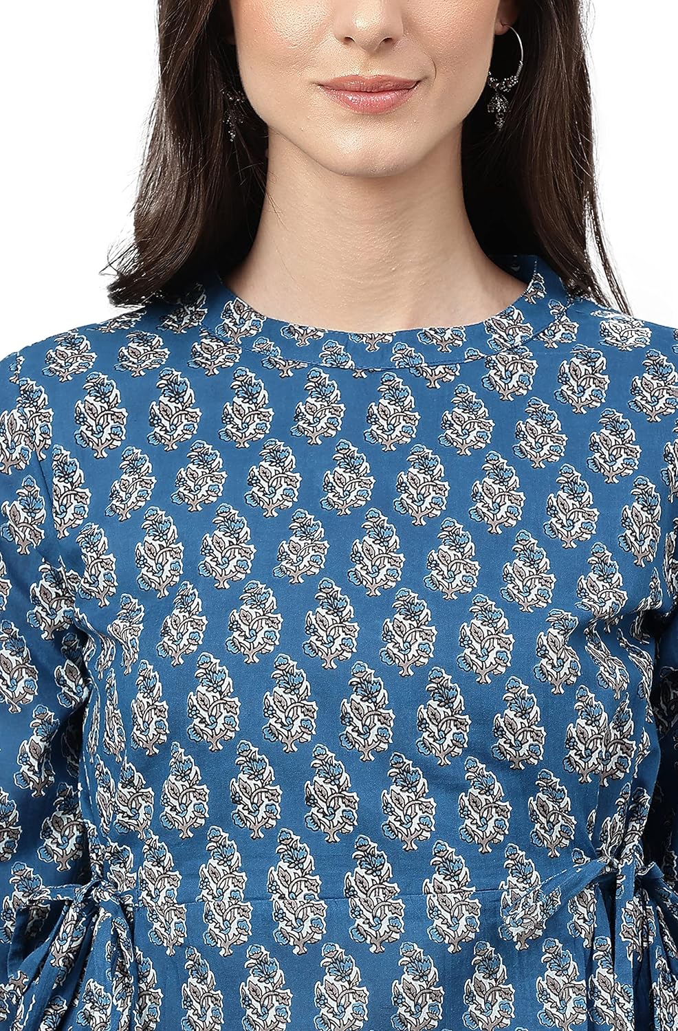 Janasya Women's Teal Cotton Floral Block Print Flared Top