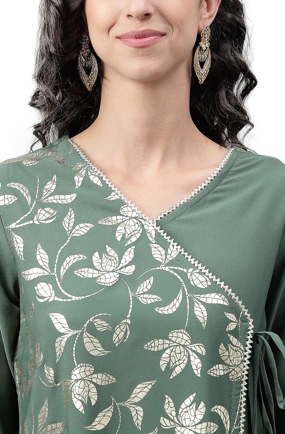 Janasya Women's Green Crepe Foil Printed Angrakha Kurta
