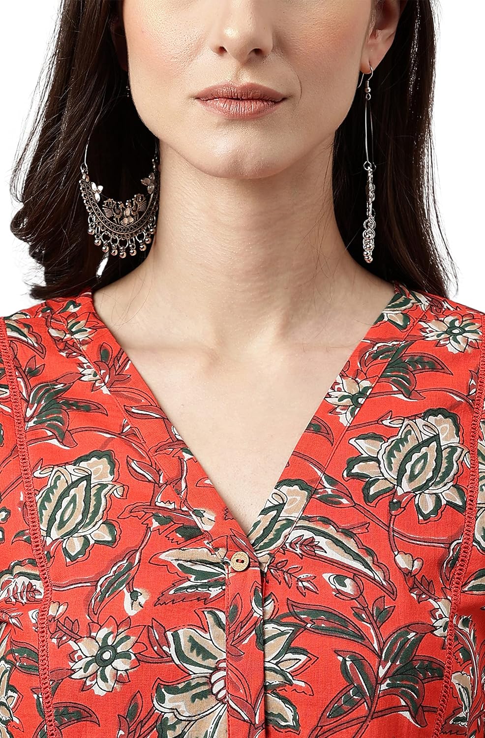 Janasya Women's Rust Orange Cotton Floral Print Gathered Kurta