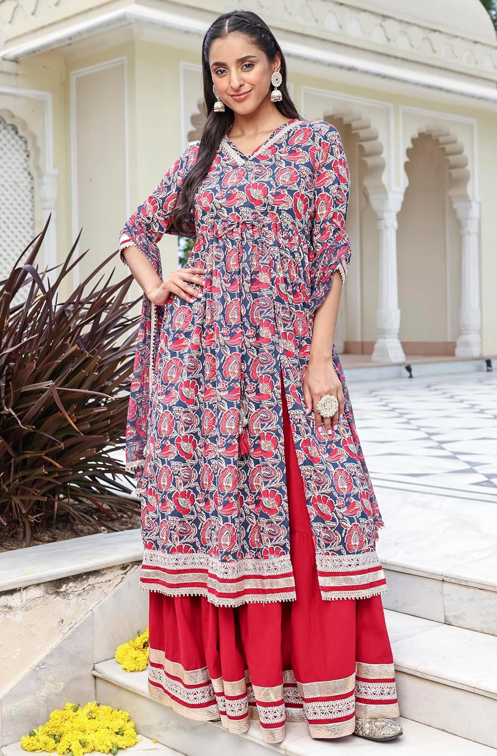 Janasya Women's Blue Cotton Floral Printed Kurta with Skirt and Dupatta