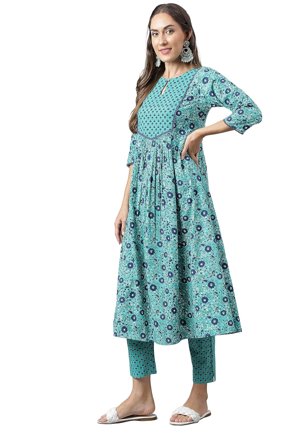 Janasya Women's Mustard Cotton Flex Cambric Floral Printed Kurta with Balloon Pant