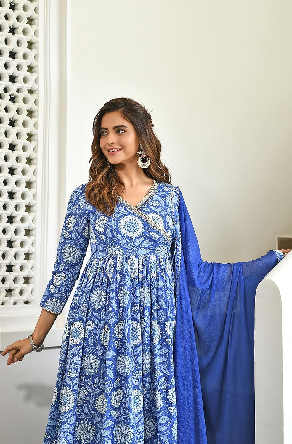 Janasya Women's Blue Cotton Floral Block Print Kurta with Flared Palazzo and Dupatta