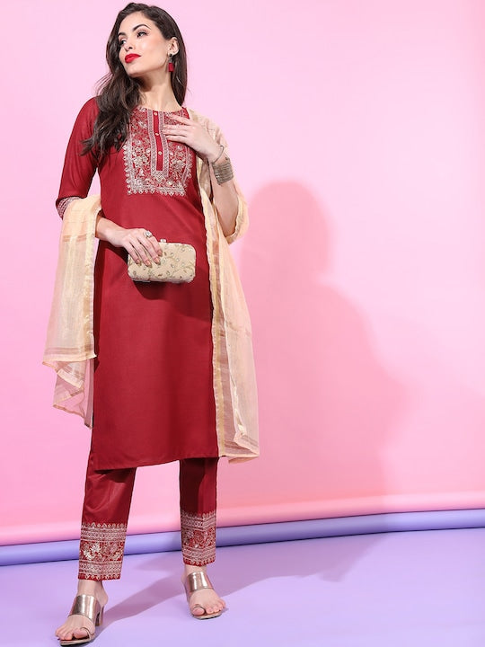 Vishudh Women Red Ethnic Motifs Yoke Design Kurta with Trousers & With Dupatta