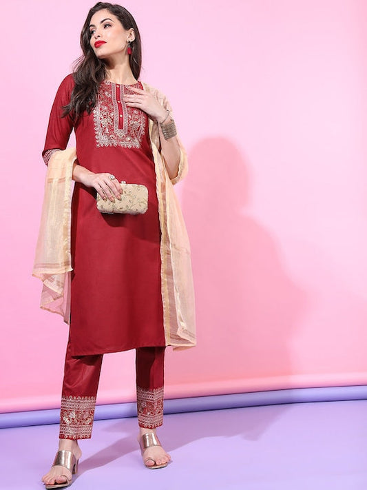 Vishudh Women Red Ethnic Motifs Yoke Design Kurta with Trousers & With Dupatta