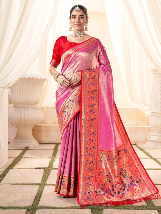 Satrani Woven Design Zari Tissue Paithani Saree with Tassels