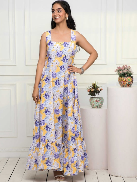 Myshka Floral Printed Square Neck Sleeveless A-Line Dress