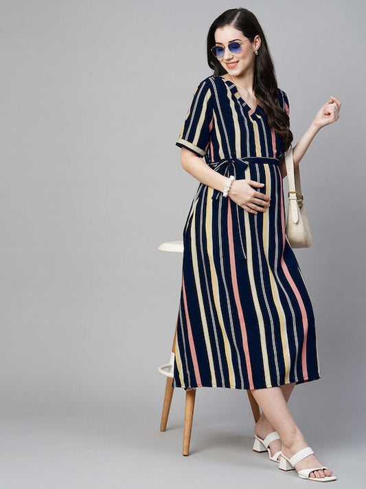 MomToBe Striped V-Neck Maternity Midi A-Line Dress With Belt