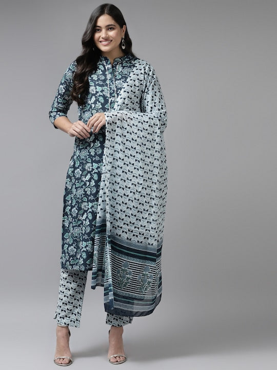 Yufta Women Navy Blue Ethnic Motifs Printed Gotta Patti Pure Cotton Kurta with Trousers & With Dupatta
