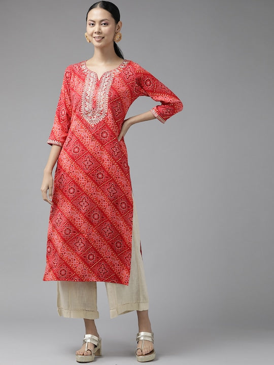 Yufta Women Red Bandhani Printed Gotta Patti Kurta