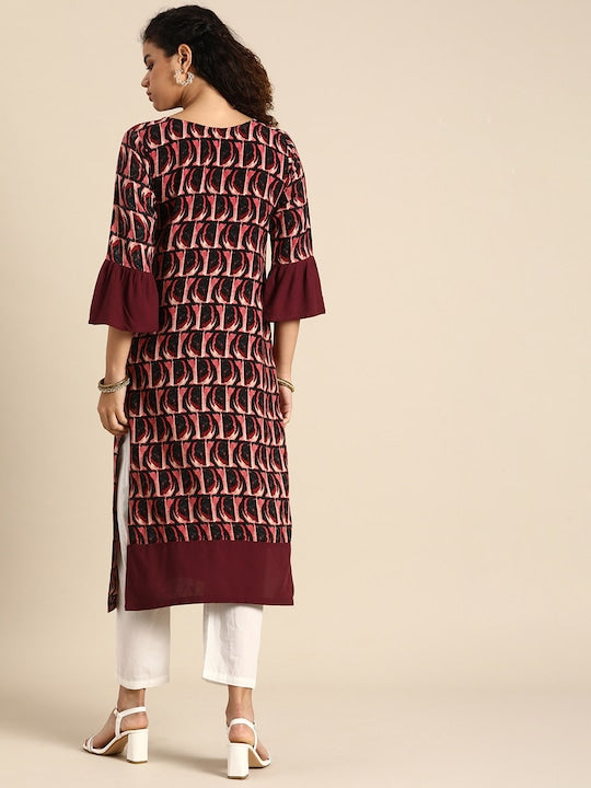 Sangria Women Burgundy & Peach-Coloured Geometric Embroidered Bell Sleeves Kurta