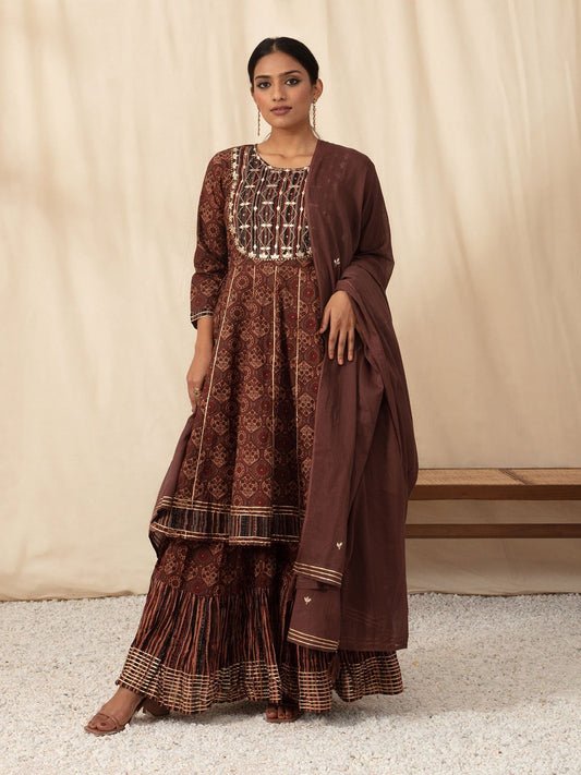 Likha Brown Printed Anarkali Kurta, Sharara Dupatta with Gota lace LIKSKD68 (Set of 3) - L