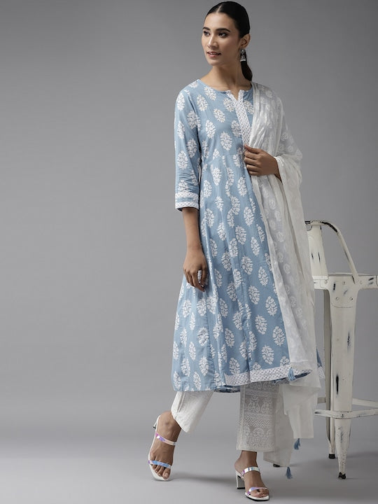 Yufta Women Blue & White Ethnic Motifs Printed Pure Cotton Kurta with Palazzos & Dupatta