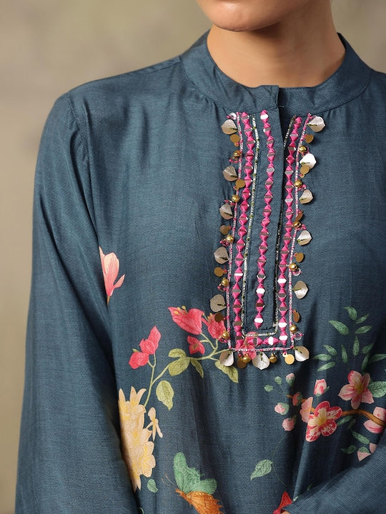 Scakhi Floral Printed Mandarin Collar Thread Work A-Line Kurti & Palazzo