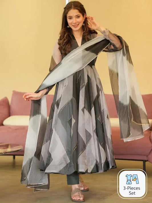 Fusionic Chevron Printed Anarkali Kurta & Trousers With Dupatta