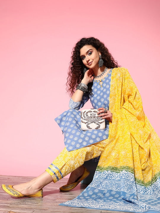 Yufta Ethnic Motifs Printed Pure Cotton Kurta with Trousers & With Dupatta
