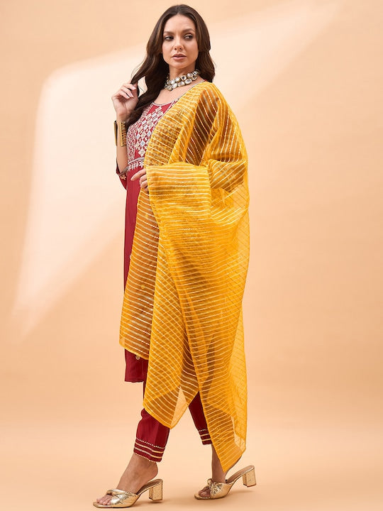 All about you Women Ethnic Motifs Embroidered Regular Sequinned Kurti with Trousers & With Dupatta