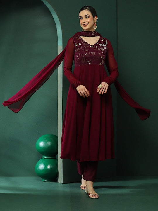 AKS Couture V-Neck Floral Yoke Design Pleated Sequinned Kurta with Trousers & With Dupatta