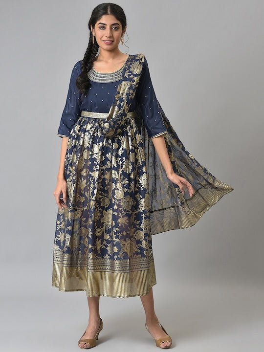 Aurelia Navy Blue Ethnic Motifs A-Line Midi Dress