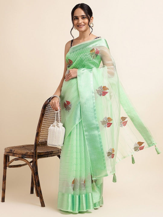 Fabmora Satin Floral Embellished Embroidered Organza Designer Saree