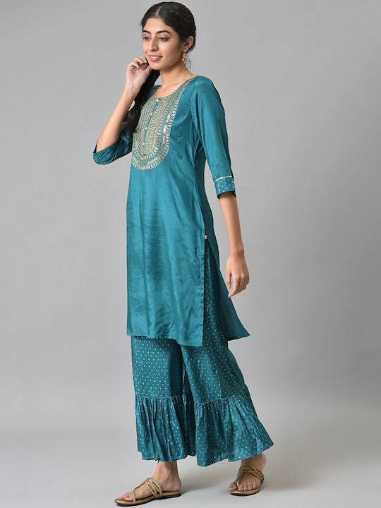 Aurelia Women Green Ethnic Motifs Yoke Design Kurta Set