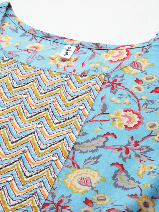 Yufta Women Floral Printed Beads & Stones Pure Cotton Kurta with Trousers & With Dupatta