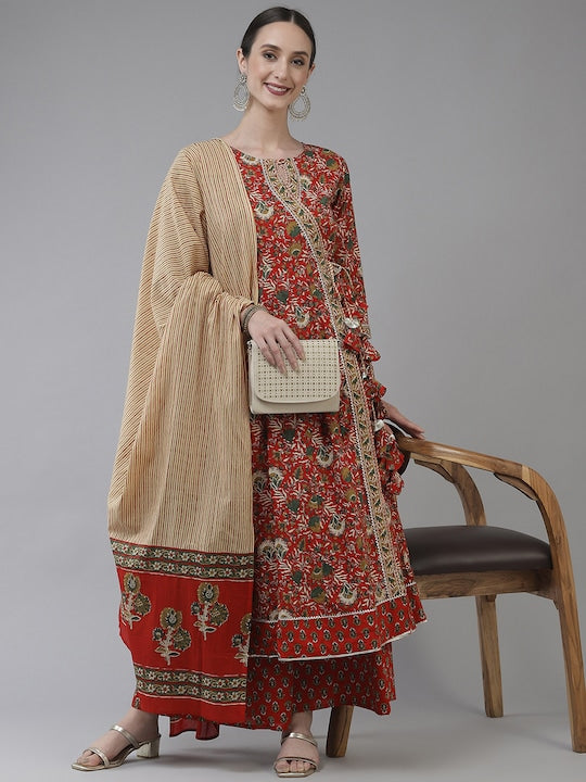 Yufta Women Red Ethnic Motifs Printed Angrakha Pure Cotton Kurta with Palazzos & Dupatta