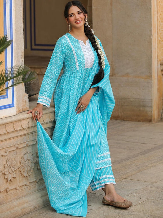 SCAKHI Bandhani Printed Pleated Thread Work Pure Cotton Kurta with Trousers & With Dupatta