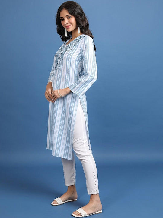 Vishudh Vertical Striped V-Neck Straight Kurta
