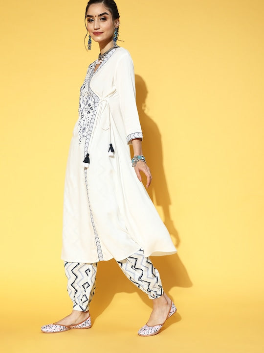 Yufta Women White & Navy Blue Floral Yoke Design Angrakha Thread Work Kurta Set & Dupatta