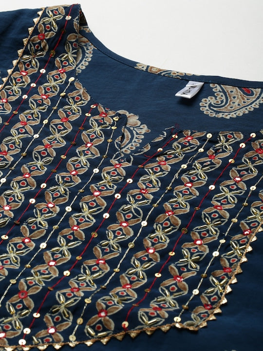 Yufta Women Blue Paisley Printed Thread Work Kurta With Trousers & With Dupatta