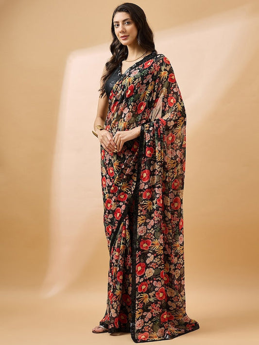All about you Black Floral Printed Sequinned Pure Georgette Saree