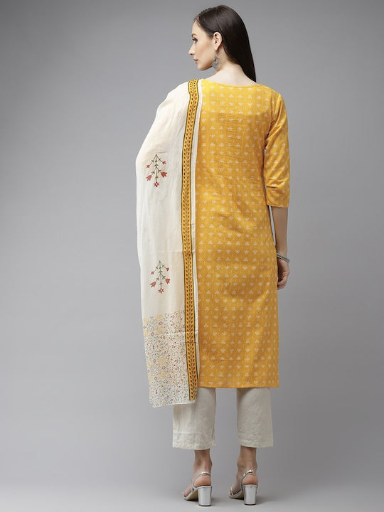 Yufta Women Mustard Yellow Ethnic Motifs Printed Regular Pure Cotton Kurta with Trousers & With Dupatta