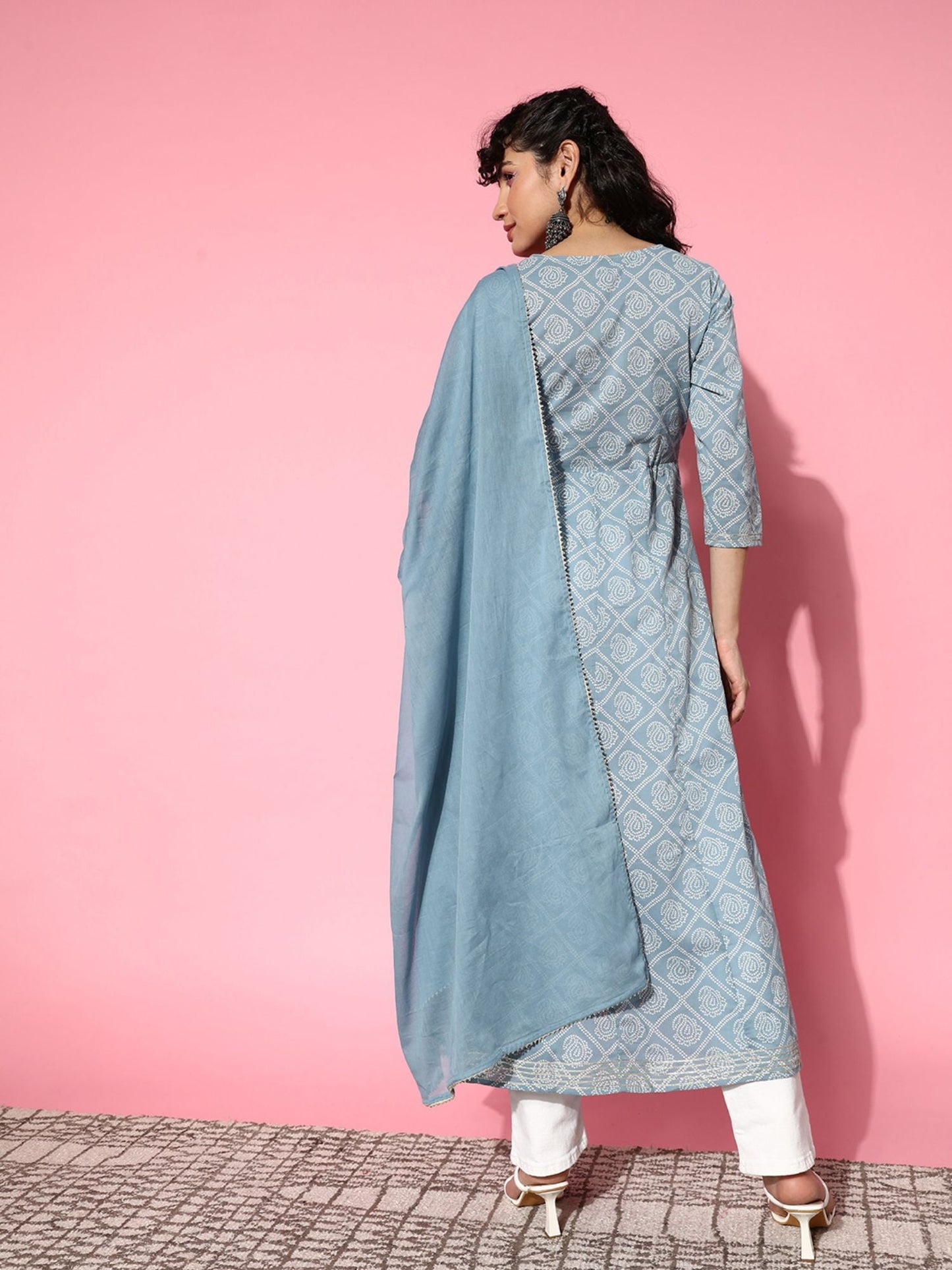 ISHIN Womens Cotton Blend Blue Embroidered Anarkali Kurta with Dupatta (Set of 2)