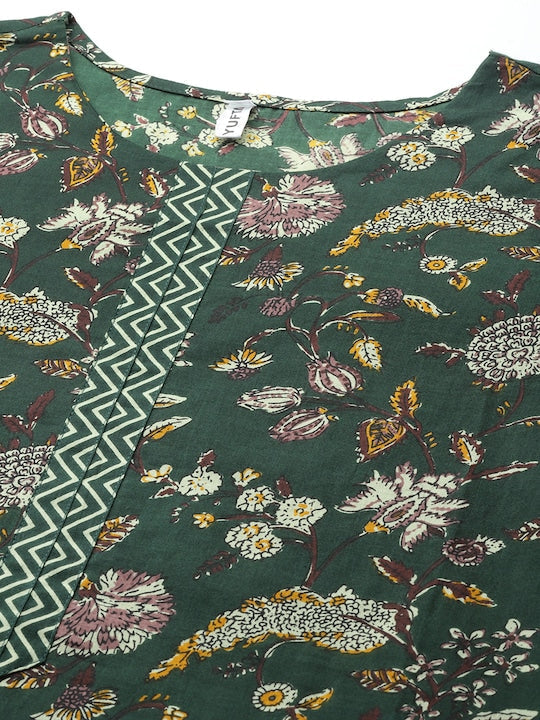 Yufta Women Green Floral Printed Pure Cotton Kurta with Trousers & With Dupatta