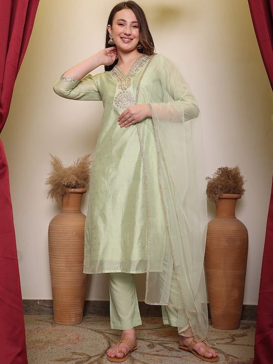 House of Pataudi Ethnic Motifs Embroidered V-Neck Straight Kurta With Trouser & Dupatta