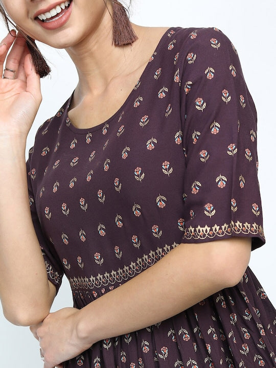 Vishudh Women Maroon Floral A-Line Midi Dress