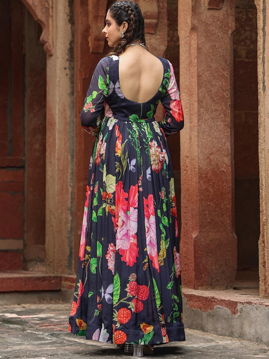 Scakhi Floral Printed Mirror Work Gown Maxi Ethnic Dress