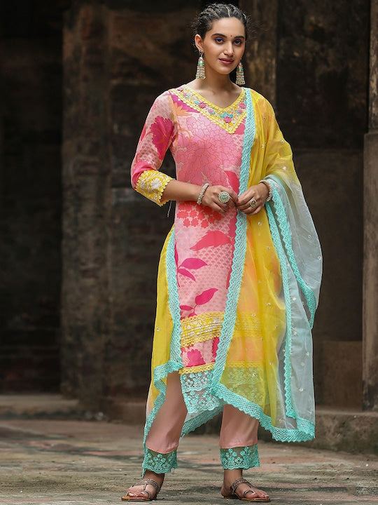 Scakhi Floral Printed Regular Kurta with Trousers & Dupatta