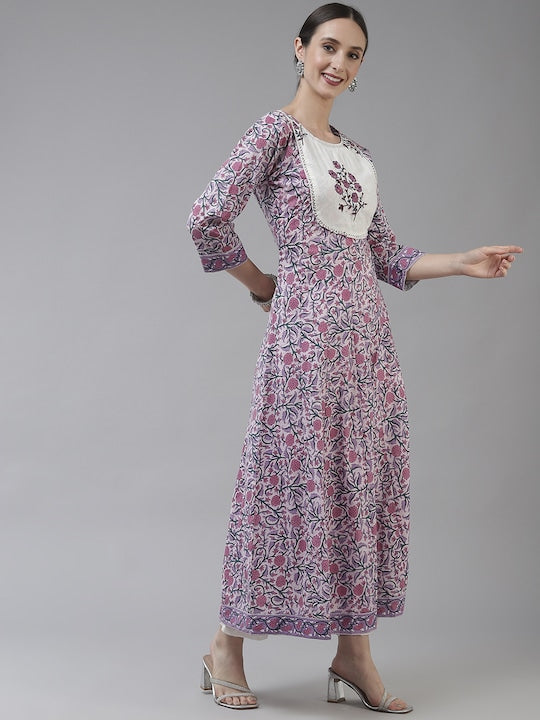 Yufta Women Lavender Ethnic Motifs Printed Pure Cotton Kurta with Trousers & Dupatta