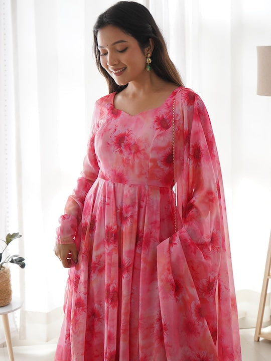 Fusionic Floral Printed V-Neck Anarkali Silk Kurta With Trousers & Dupatta