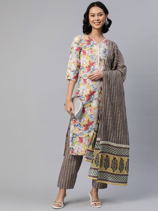 Readiprint Fashions Women Floral Printed Sequinned Cotton Kurta with Palazzos & Dupatta