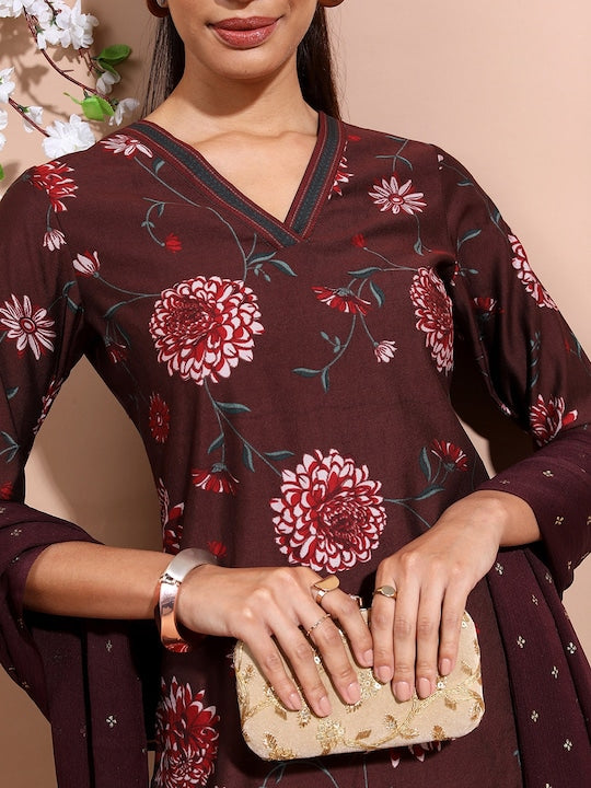 Vishudh Brown Floral Printed Regular Straight Kurta With Trousers & Dupatta