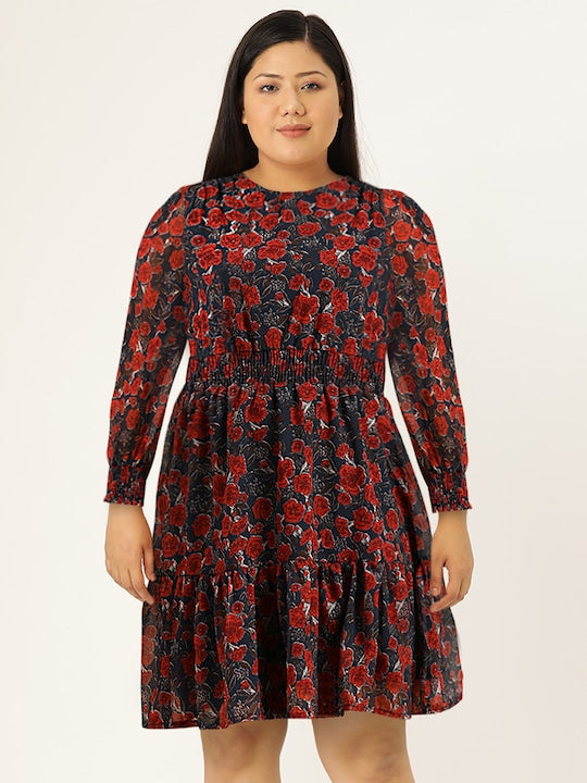 All about you Navy Blue & Maroon Floral A-Line Dress