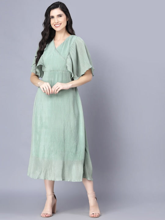 Myshka Women Green Solid Chiffon Midi Dress