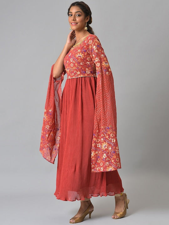 Aurelia Women Red & Gold Floral Printed Anarkali Kurta