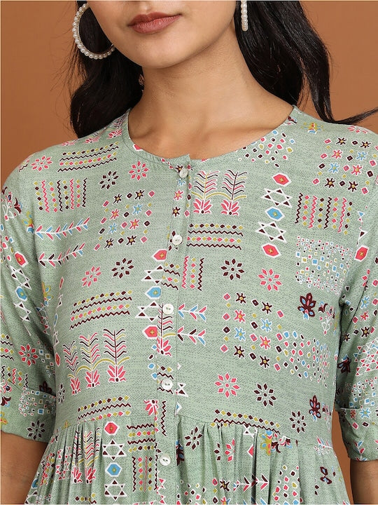 Vishudh Green Floral Printed A-Line Midi Dress