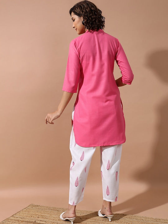 Vishudh Mandarin Collar Short Straight Kurta With Dhoti Pants