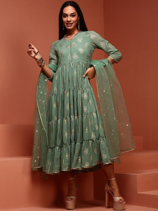 IMARA Ethnic Motifs Printed Tiered Midi Ethnic Dress With Dupatta