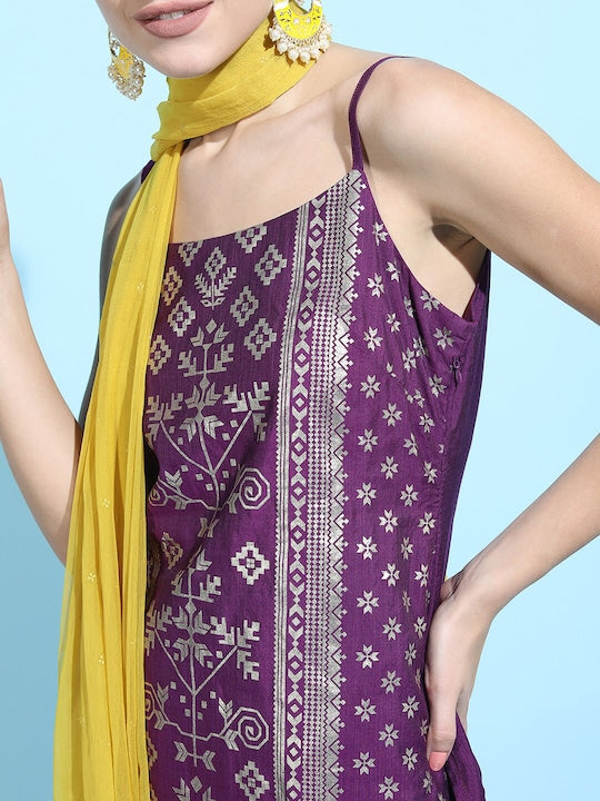 Vishudh Women Purple Printed Kurta with Sharara & With Dupatta