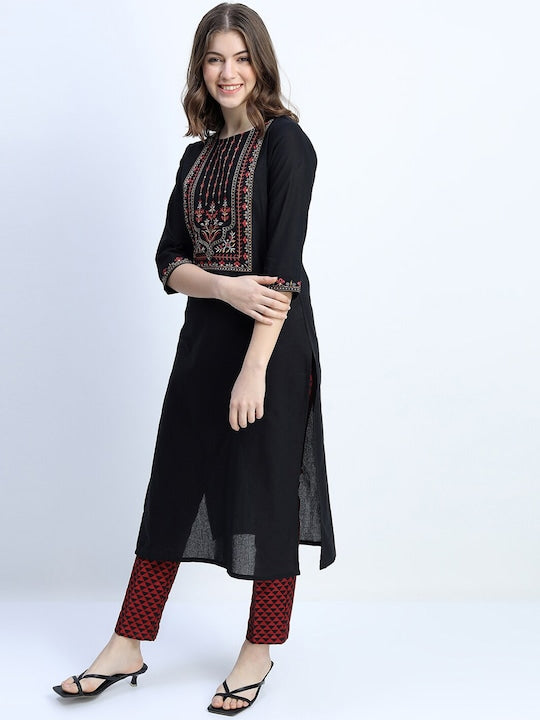 Vishudh Women Black & Red Embroidered Yoke Design Cotton Straight Kurta